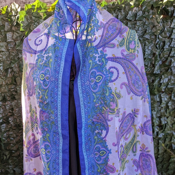 Paisley Scarf Blue Purple‎ White Lightweight Sheer Fashion Accessory - Picture 4 of 6